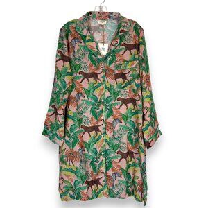 World Market Pajama Shirt Dress Safari Jungle Print Nightshirt Pink Green S/M